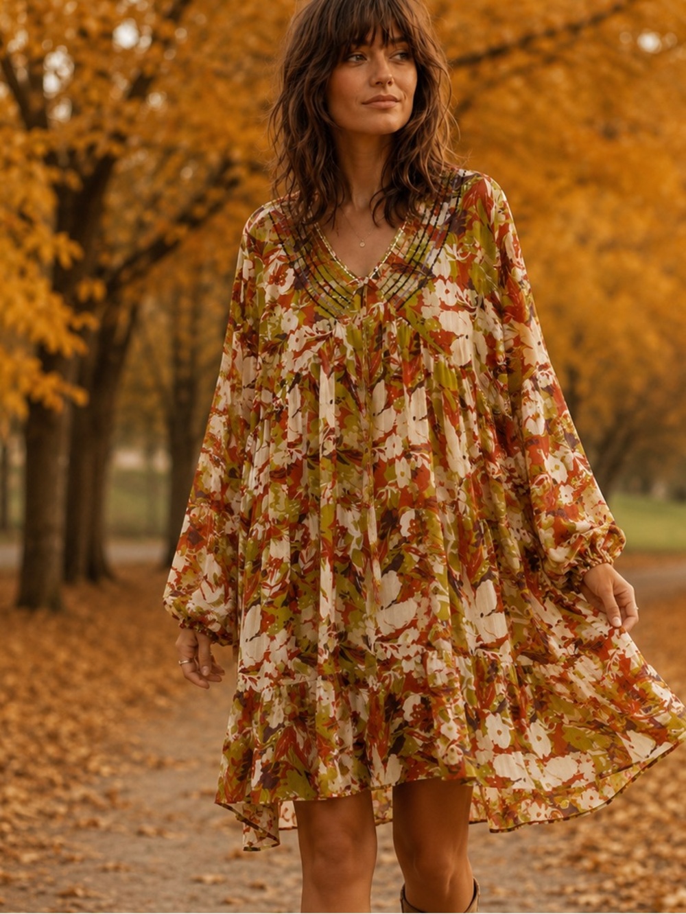 Easel Boho Floral Babydoll Dress - Gold Metallic Threading - Fall Vibes